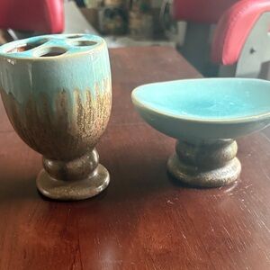 Ceramic Vase and Bowl Set in Blue and Brown